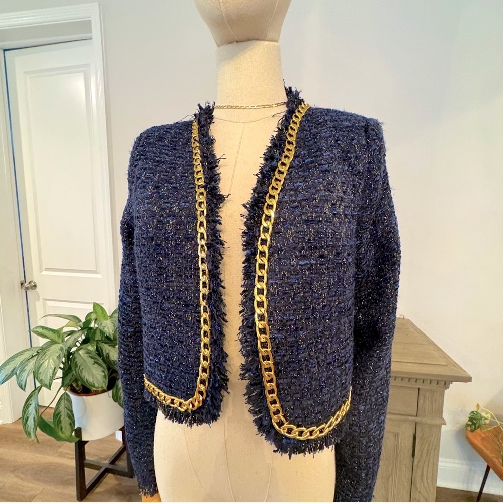 NWOT Christian Lacroix Navy and Gold Metallic Tweed Cropped Blazer | Small - Picture 7 of 13